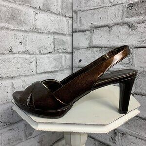 Etienne Aigner Ophelia Open Toe Sling Back Brown Patent Faux Leather Sandals